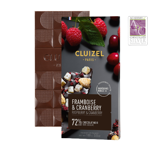 Tablette au Chocolat noir 72%, Framboise & Cranberry